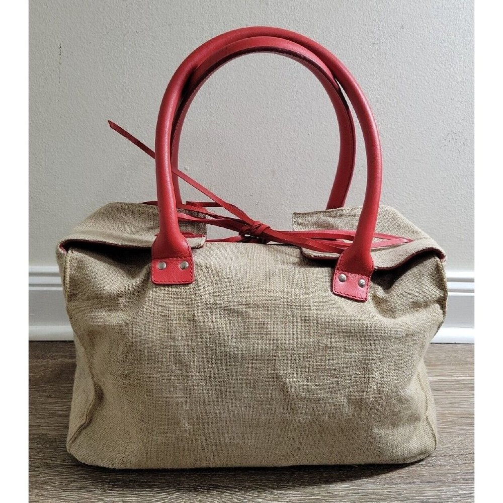 Christian Louboutin Bag Burlap Canvas Women's Purse Handbag Red Leather Italy